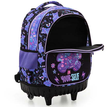 Eazy Kids 18inch Trolley School Bag Set of 4 w/ Insulated Water Bottle & Convertible Bento Lunch Box – Teddy Black