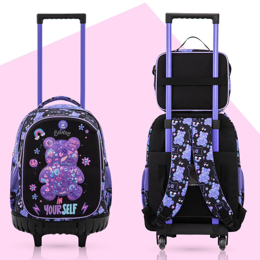 Eazy Kids 18inch Trolley School Bag Set of 4 w/ Insulated Water Bottle & Convertible Bento Lunch Box – Teddy Black