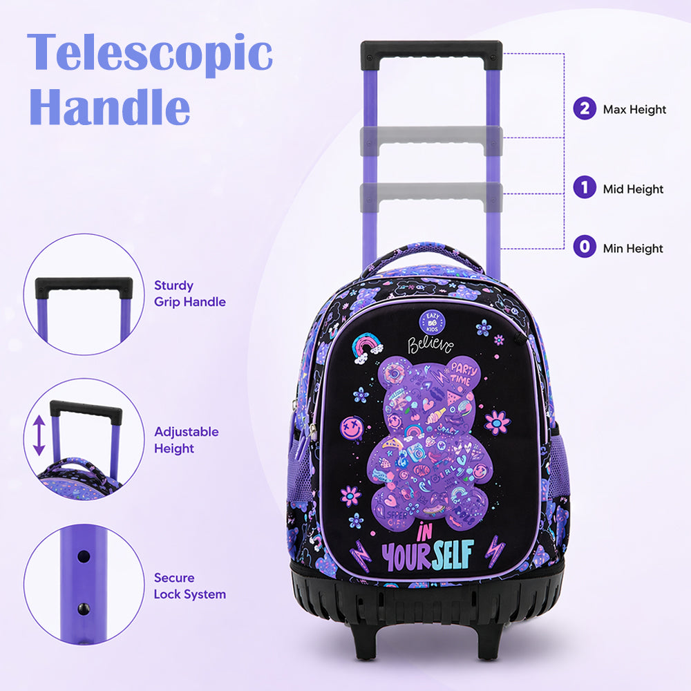 Eazy Kids 18inch Trolley School Bag Set of 4 w/ Insulated Water Bottle & Convertible Bento Lunch Box – Teddy Black