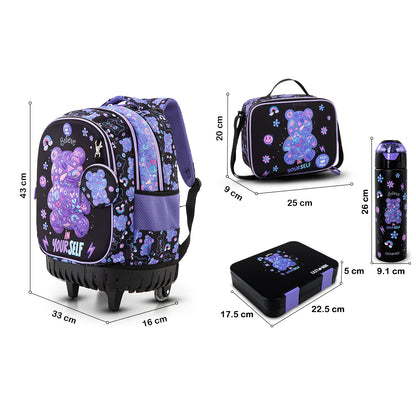 Eazy Kids 18inch Trolley School Bag Set of 4 w/ Insulated Water Bottle & Convertible Bento Lunch Box – Teddy Black