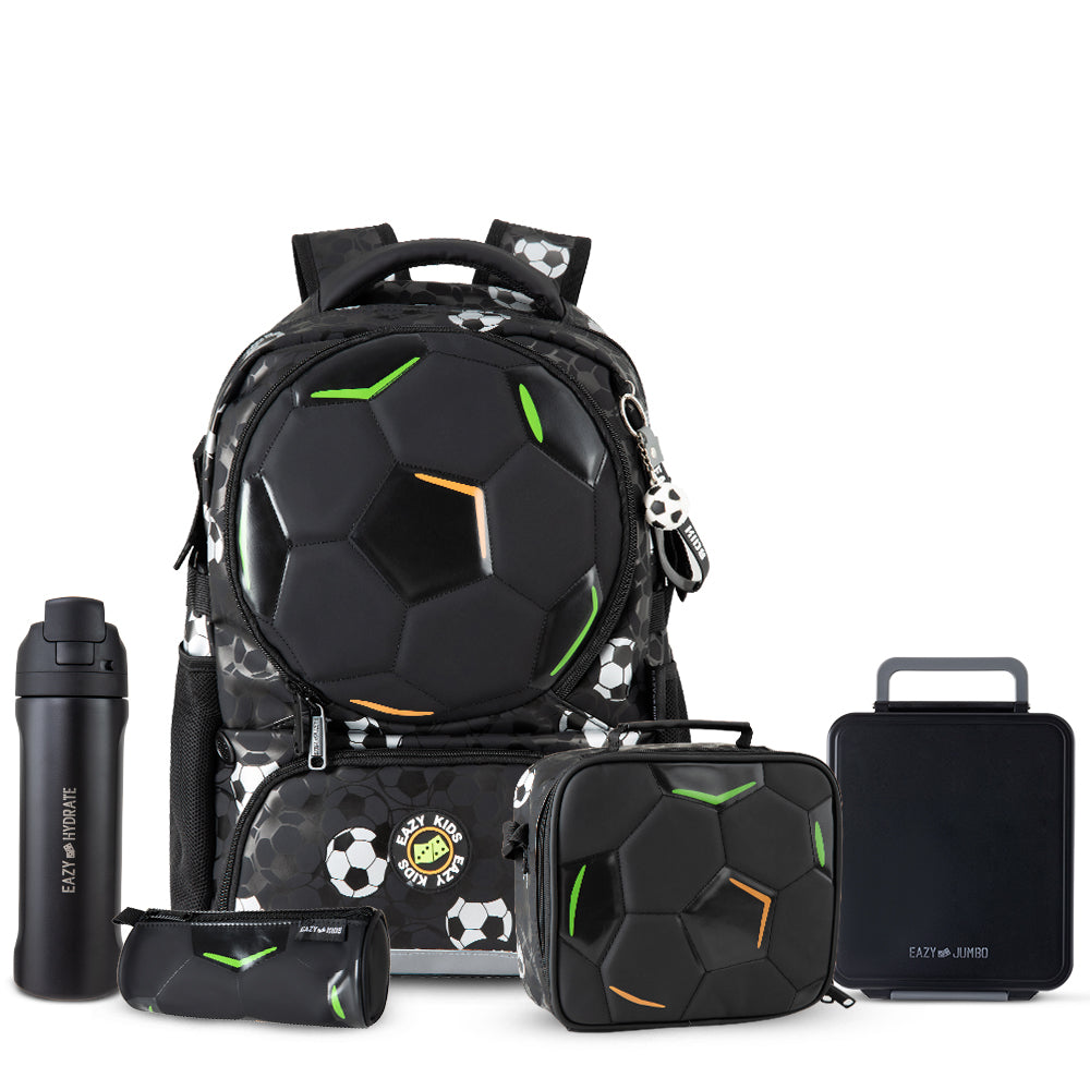 Eazy Kids Footballer Backpack Set w/ Complimentary Football, Jumbo Bento Lunch Box & Stainless Steel Water Bottle – Black