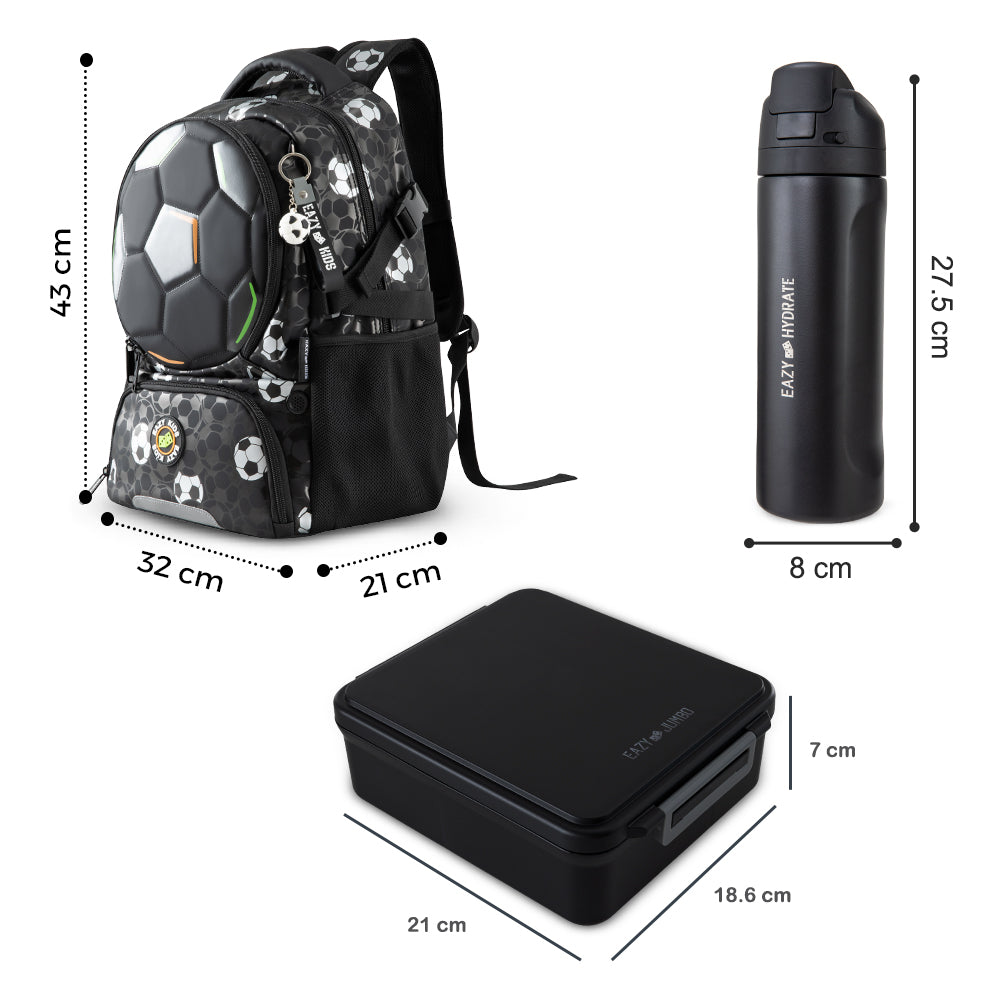 Eazy Kids Footballer Backpack Set w/ Complimentary Football, Jumbo Bento Lunch Box & Stainless Steel Water Bottle – Black