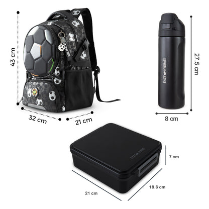 Eazy Kids Footballer Backpack Set w/ Complimentary Football, Jumbo Bento Lunch Box & Stainless Steel Water Bottle – Black