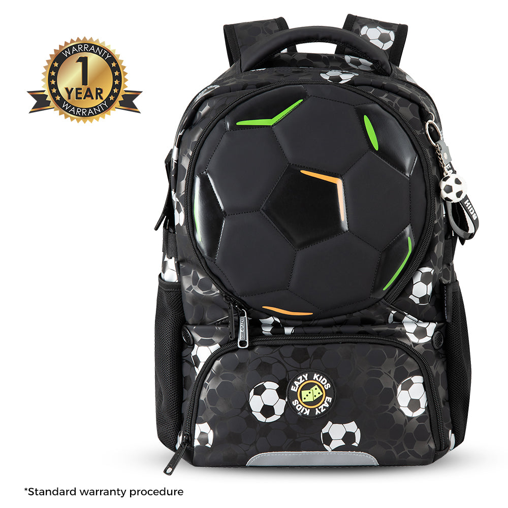 Eazy Kids Footballer Backpack Set w/ Complimentary Football, Jumbo Bento Lunch Box & Stainless Steel Water Bottle – Black