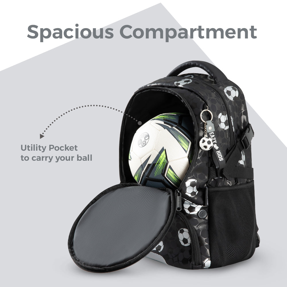 Eazy Kids Footballer Backpack Set w/ Complimentary Football, Jumbo Bento Lunch Box & Stainless Steel Water Bottle – Black