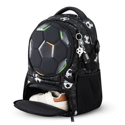 Eazy Kids Footballer Backpack Set w/ Complimentary Football, Jumbo Bento Lunch Box & Stainless Steel Water Bottle – Black