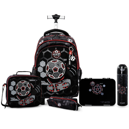 Eazy Kids 17inch Trolley School Backpack Set w/ Convertible Bento Lunch Box & Insulated Water Bottle – Football Black