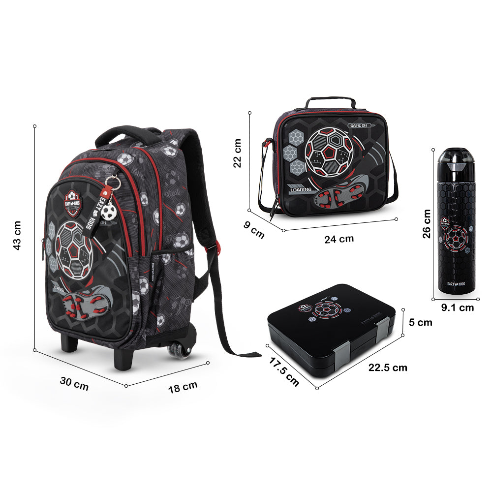 Eazy Kids 17inch Trolley School Backpack Set w/ Convertible Bento Lunch Box & Insulated Water Bottle – Football Black