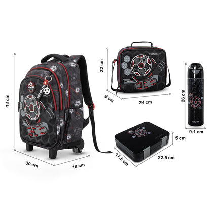 Eazy Kids 17inch Trolley School Backpack Set w/ Convertible Bento Lunch Box & Insulated Water Bottle – Football Black