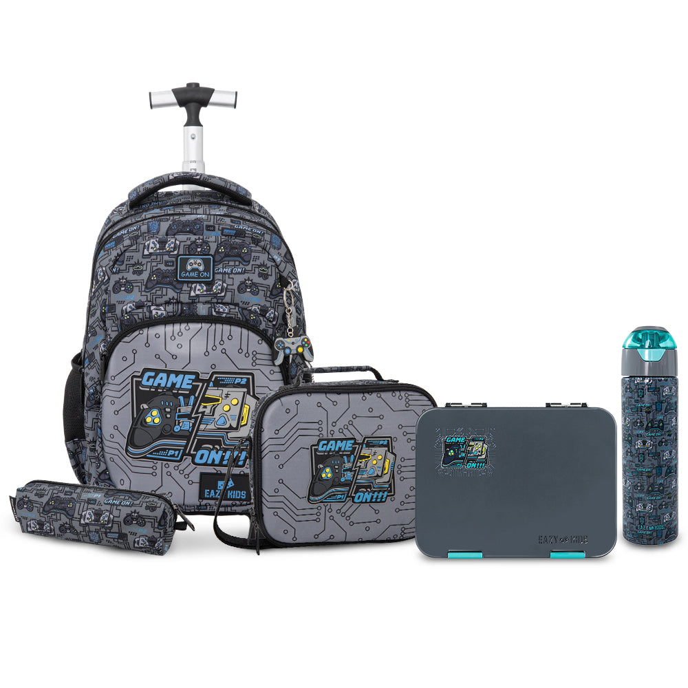 Eazy Kids 17inch Trolley School Backpack Set w/ Convertible Bento Lunch Box & Insulated Water Bottle – Gamer Grey