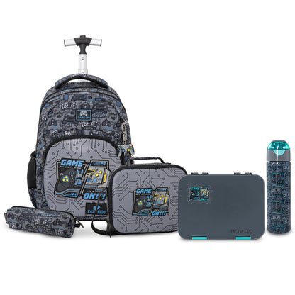 Eazy Kids 17inch Trolley School Backpack Set w/ Convertible Bento Lunch Box & Insulated Water Bottle – Gamer Grey