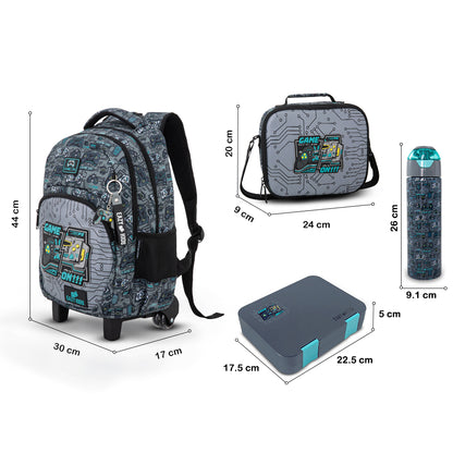 Eazy Kids 17inch Trolley School Backpack Set w/ Convertible Bento Lunch Box & Insulated Water Bottle – Gamer Grey