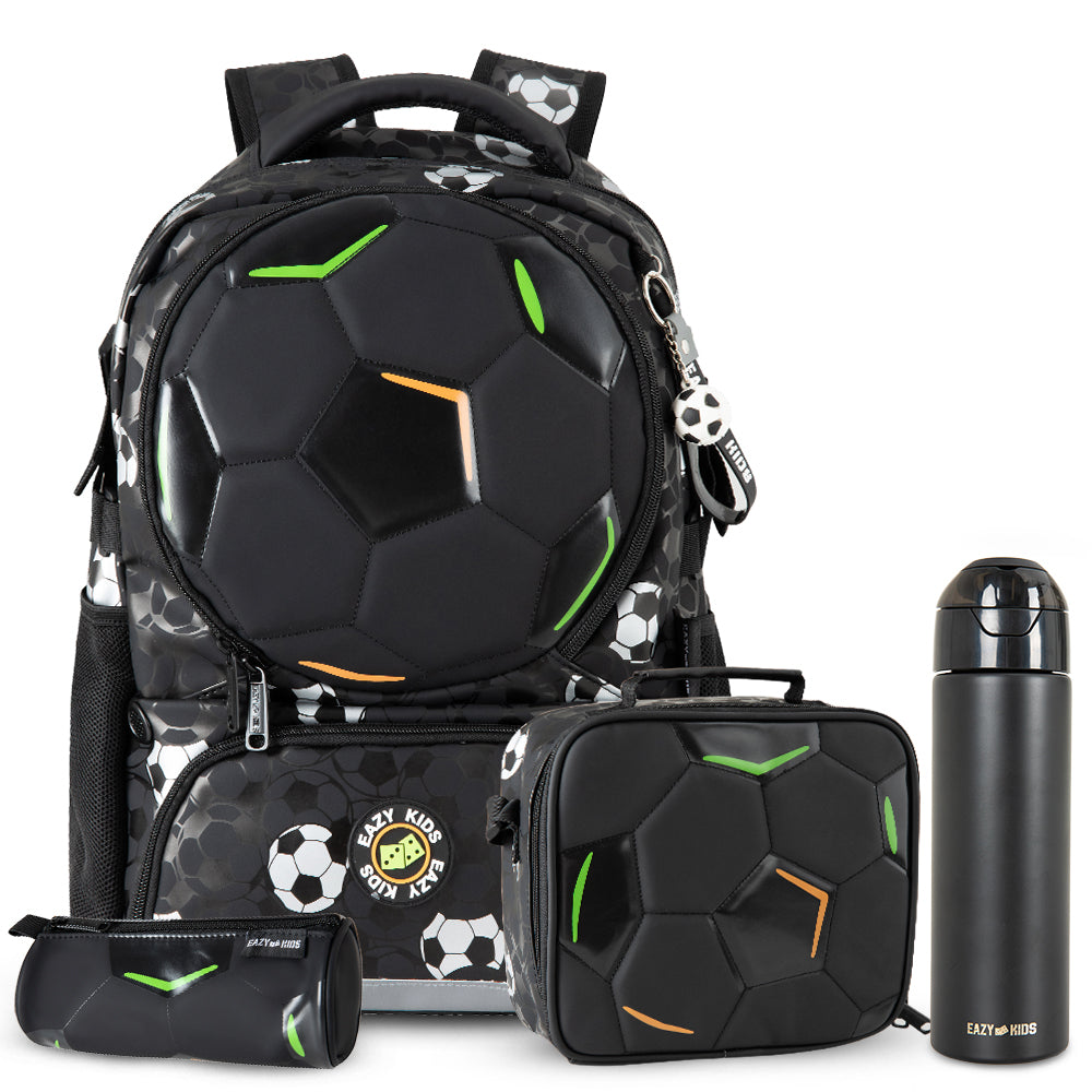 Eazy Kids Footballer Backpack Set Complimentary Football w/ Insulated Stainless Steel Water Bottle – Black
