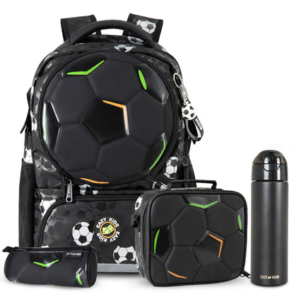 Eazy Kids Footballer Backpack Set Complimentary Football w/ Insulated Stainless Steel Water Bottle – Black