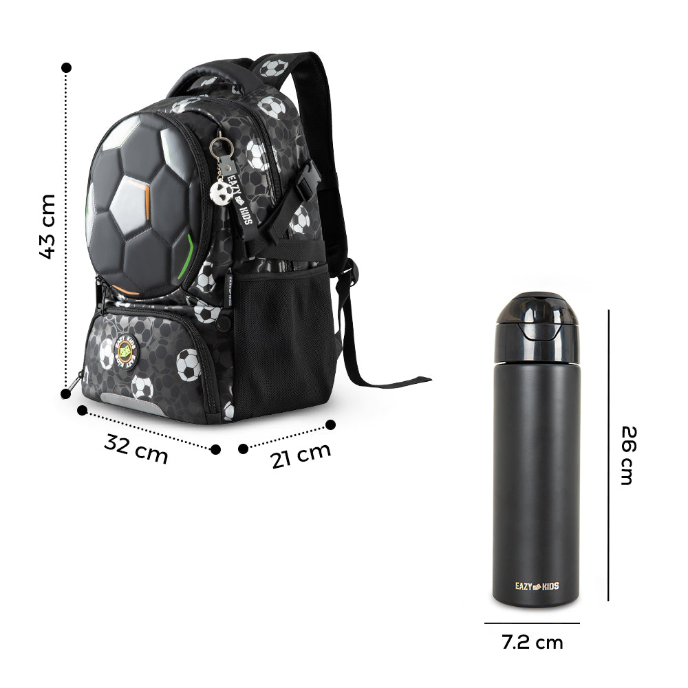 Eazy Kids Footballer Backpack Set Complimentary Football w/ Insulated Stainless Steel Water Bottle – Black