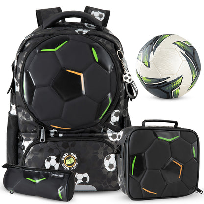 Eazy Kids Footballer Backpack Set Complimentary Football w/ Insulated Stainless Steel Water Bottle – Black
