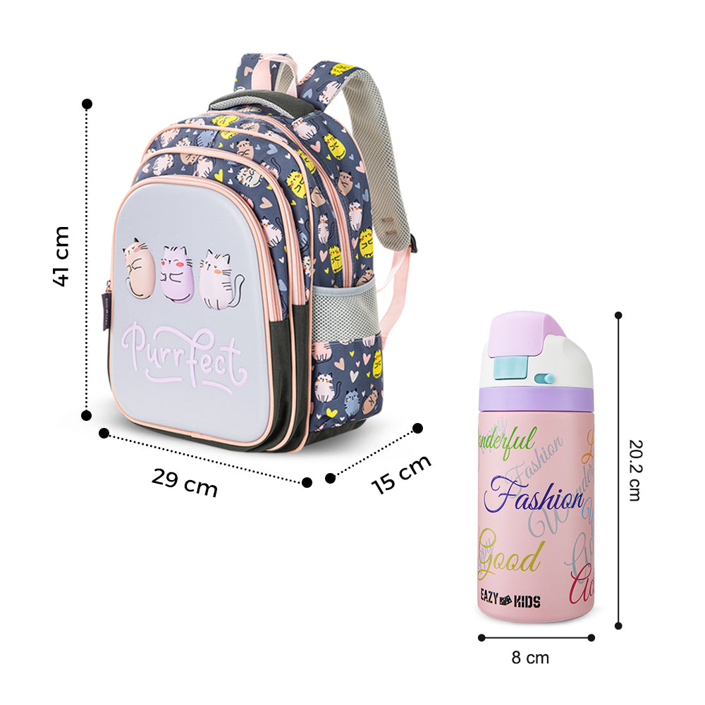 Eazy Kids Purfect School Bag Set w/ Stainless Steel Water Bottle – Grey