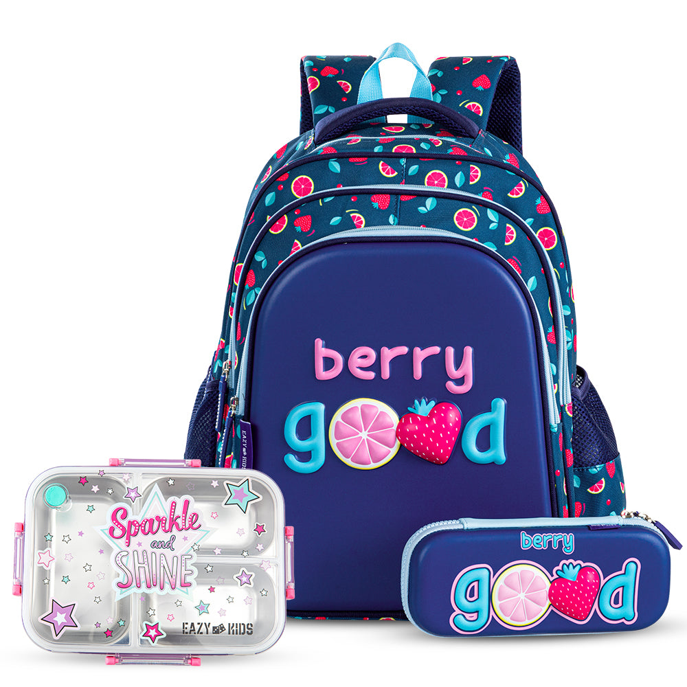 Eazy Kids Berry Good School Bag Set w/ Stainless Steel Bento Lunch Box – Blue
