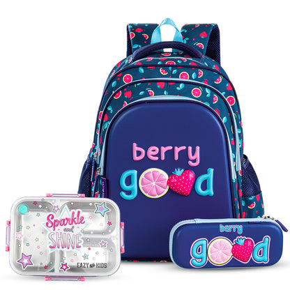 Eazy Kids Berry Good School Bag Set w/ Stainless Steel Bento Lunch Box – Blue