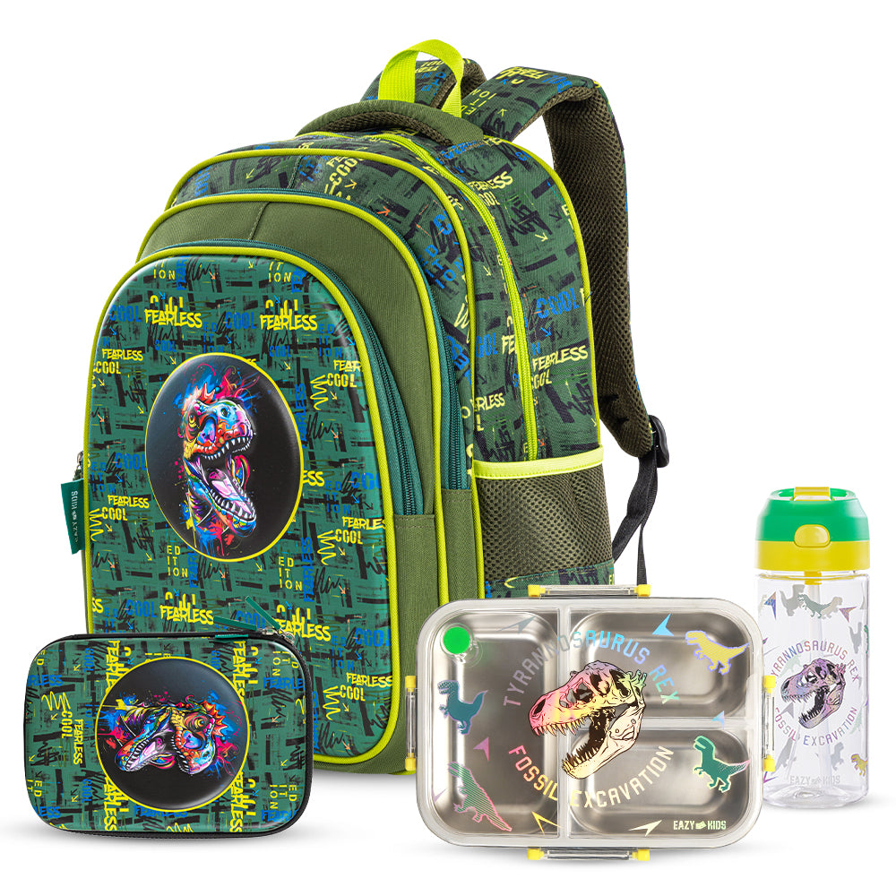 Eazy Kids Dino School Bag Set w/ Bento Lunch Box & Spray Water Bottle – Green