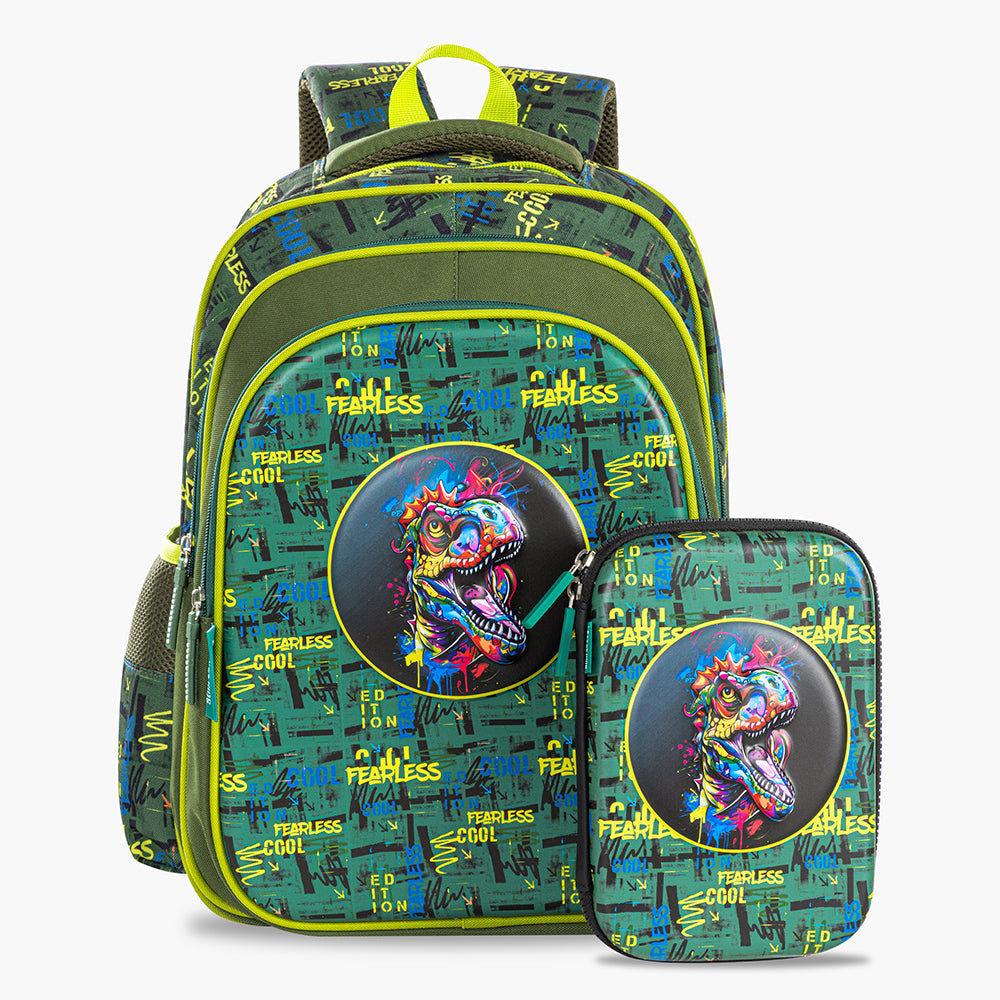 Eazy Kids Dino School Bag Set w/ Bento Lunch Box & Spray Water Bottle – Green