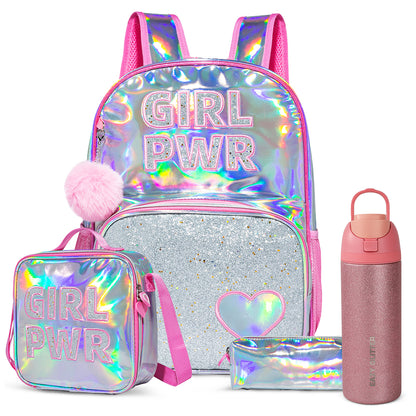 Eazy Kids Girl Power School Bag Set w/ Glitter Stainless Steel Water Bottle – Pink
