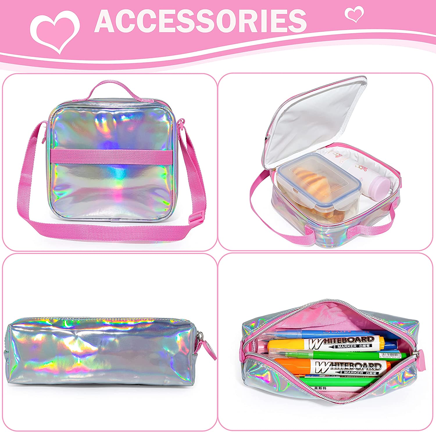 Eazy Kids Girl Power School Bag Set w/ Glitter Stainless Steel Water Bottle – Pink