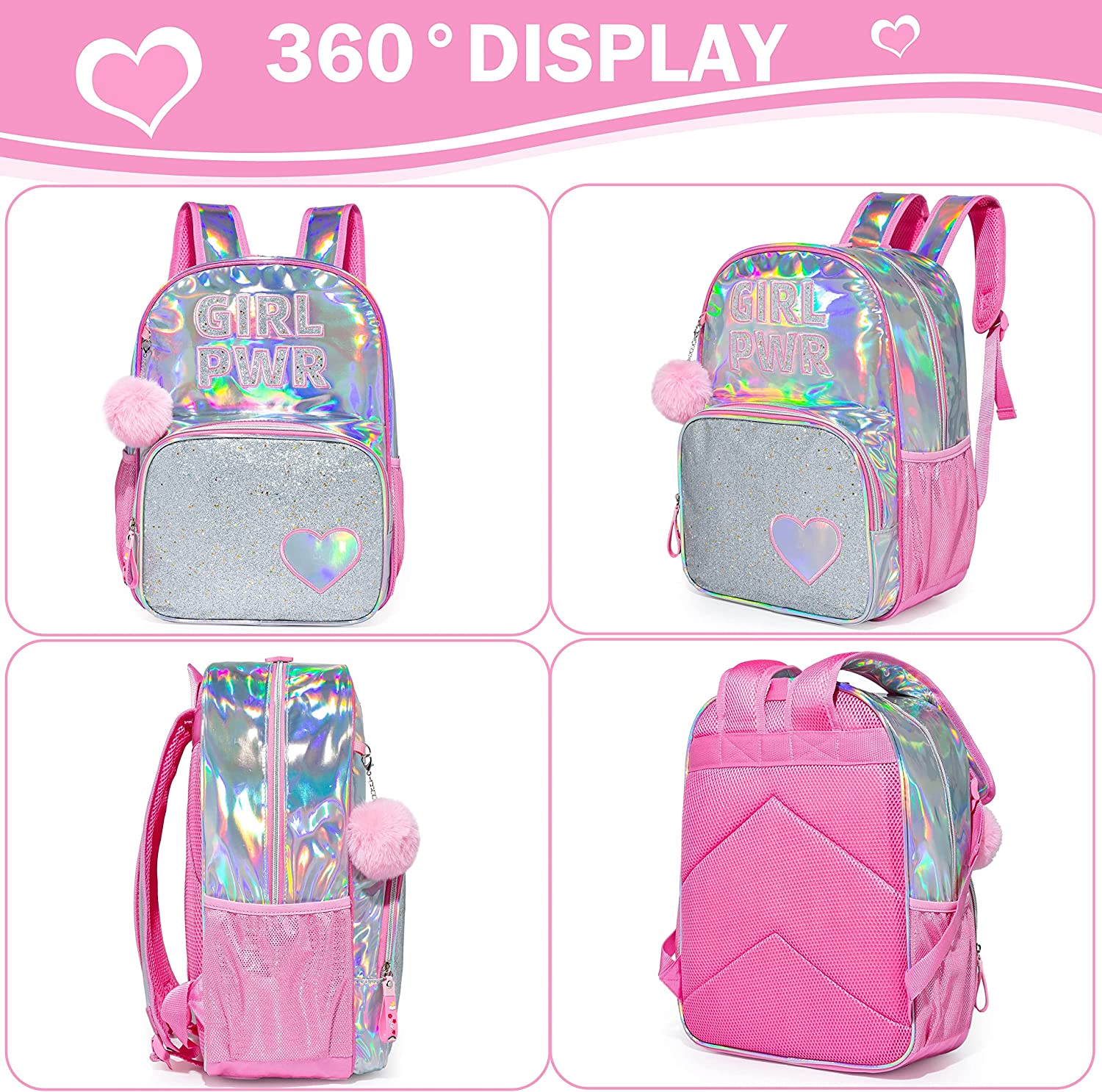 Eazy Kids Girl Power School Bag Set w/ Glitter Stainless Steel Water Bottle – Pink