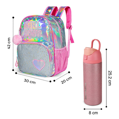Eazy Kids Girl Power School Bag Set w/ Glitter Stainless Steel Water Bottle – Pink