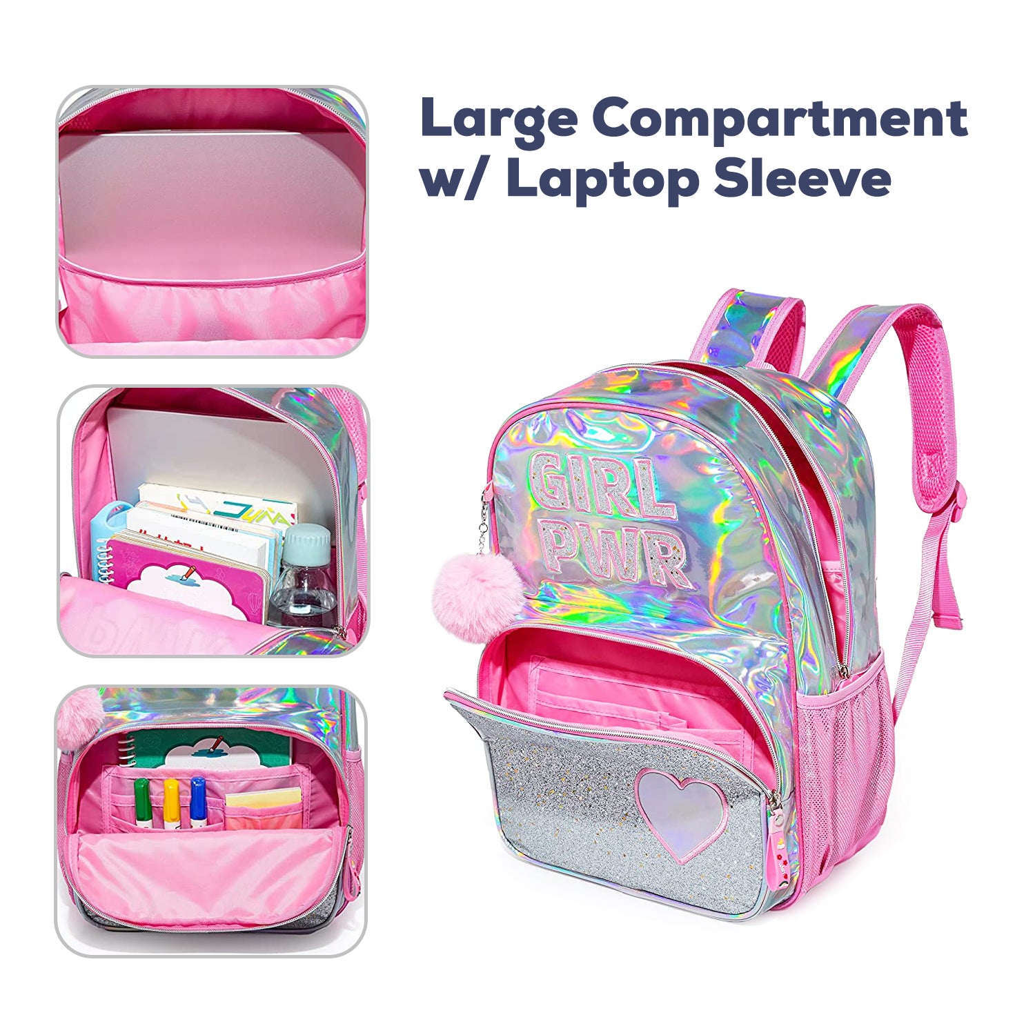 Eazy Kids Girl Power School Bag Set w/ Glitter Stainless Steel Water Bottle – Pink