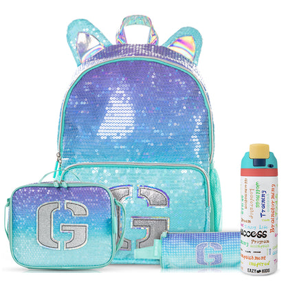 Eazy Kids Girl Glitter School Bag Set w/ Stainless Steel Water Bottle – Green
