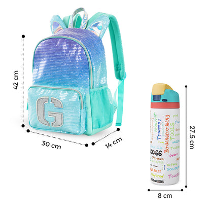 Eazy Kids Girl Glitter School Bag Set w/ Stainless Steel Water Bottle – Green