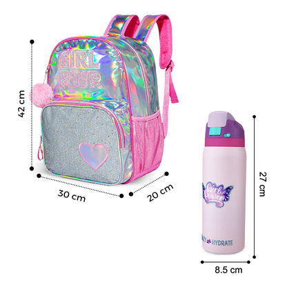 Eazy Kids Girl Power School Bag Set w/ Stainless Steel Water Bottle – Pink
