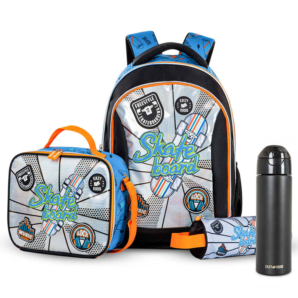 Eazy Kids Skateboard School Bag Set w/ Insulated Stainless Steel Spray Water Bottle – Blue