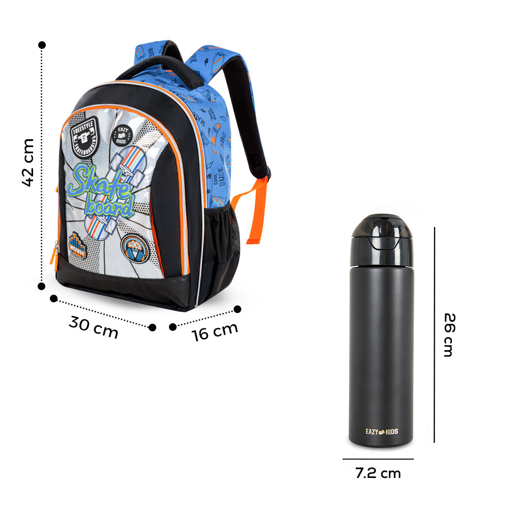 Eazy Kids Skateboard School Bag Set w/ Insulated Stainless Steel Spray Water Bottle – Blue