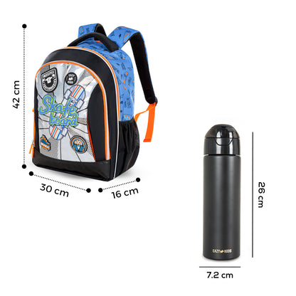 Eazy Kids Skateboard School Bag Set w/ Insulated Stainless Steel Spray Water Bottle – Blue