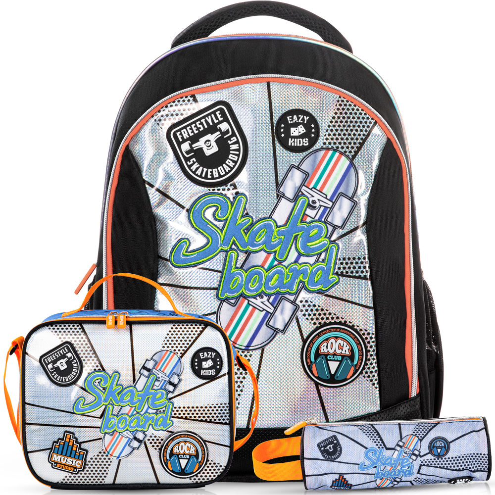 Eazy Kids Skateboard School Bag Set w/ Insulated Stainless Steel Spray Water Bottle – Blue