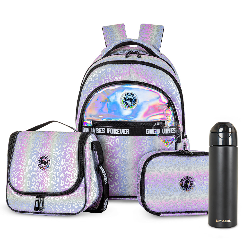 Eazy Kids Good Vibes School Bag Set w/ Insulated Spray Water Bottle – Silver