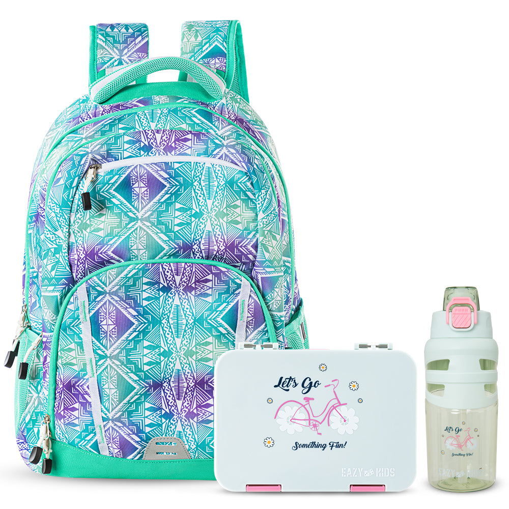 Eazy Kids School Bag 18inch w/ Bento Lunch Box & Water Bottle – Geometrical Green