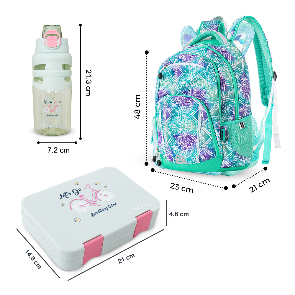Eazy Kids School Bag 18inch w/ Bento Lunch Box & Water Bottle – Geometrical Green