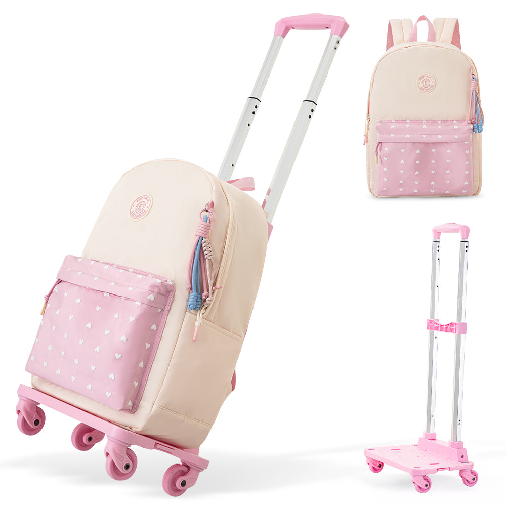 Eazy Kids 16.5” School Backpack w/ 4-Wheel Trolley–Lightweight Laptop School Bag Set, Blush Rush Pink