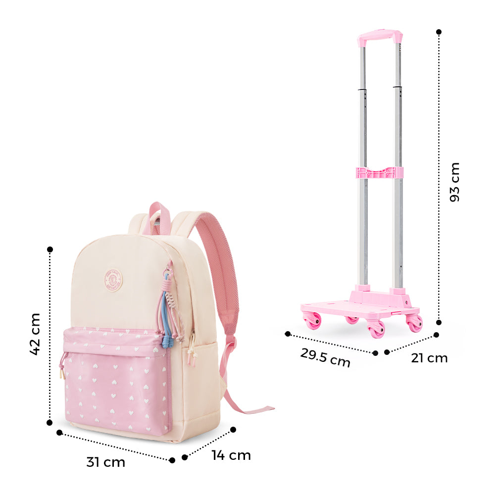 Eazy Kids 16.5” School Backpack w/ 4-Wheel Trolley–Lightweight Laptop School Bag Set, Blush Rush Pink