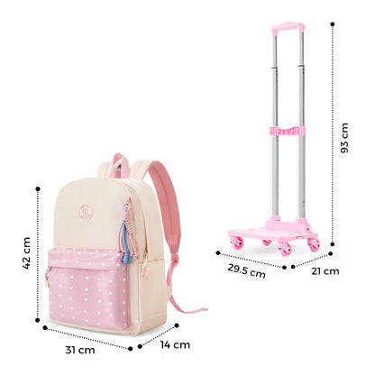 Eazy Kids 16.5” School Backpack w/ 4-Wheel Trolley–Lightweight Laptop School Bag Set, Blush Rush Pink