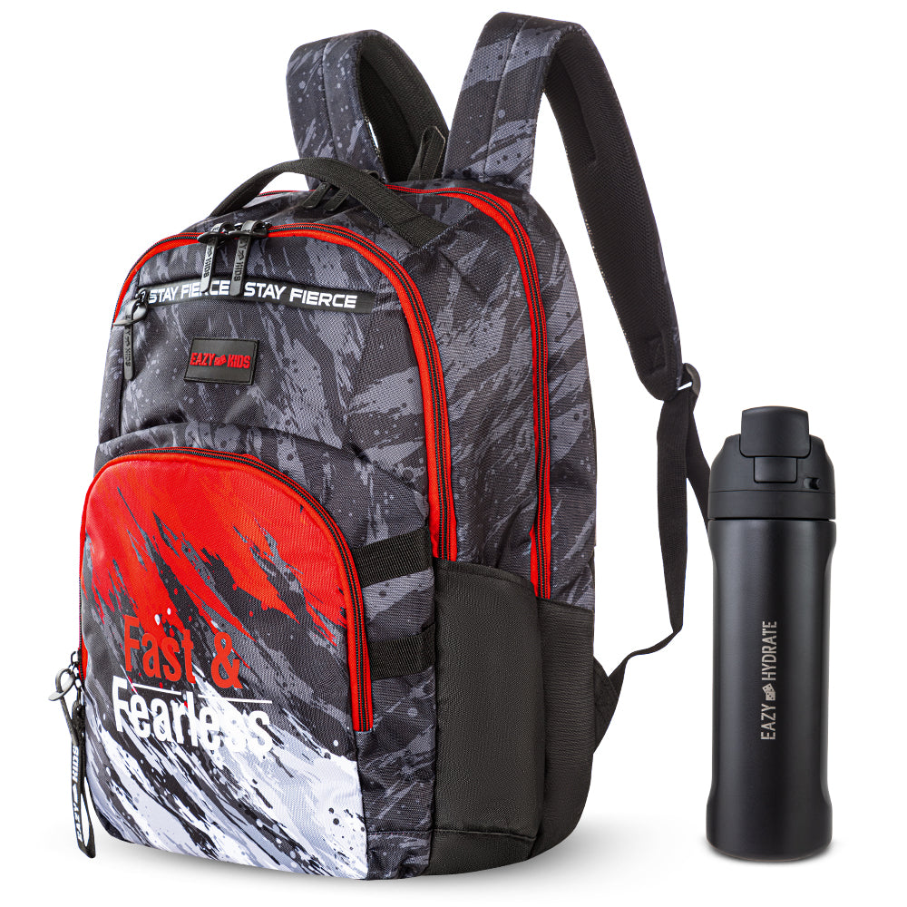 Eazy Kids 20 inch School Bag for Boys w/ Stainless Steel Water Bottle 710ml – Fast & Fearless Black