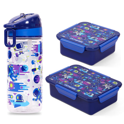 EAZY KIDS Lunch Box Set and Tritan Water Bottle w/Carry handle, Astronauts - Blue, 420ml
