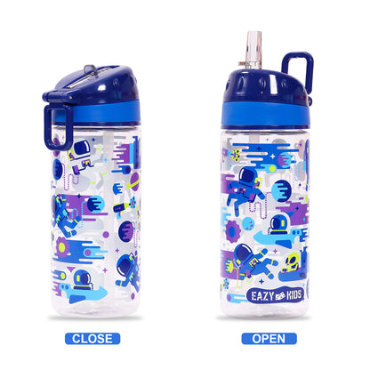 EAZY KIDS Lunch Box Set and Tritan Water Bottle w/Carry handle, Astronauts - Blue, 420ml