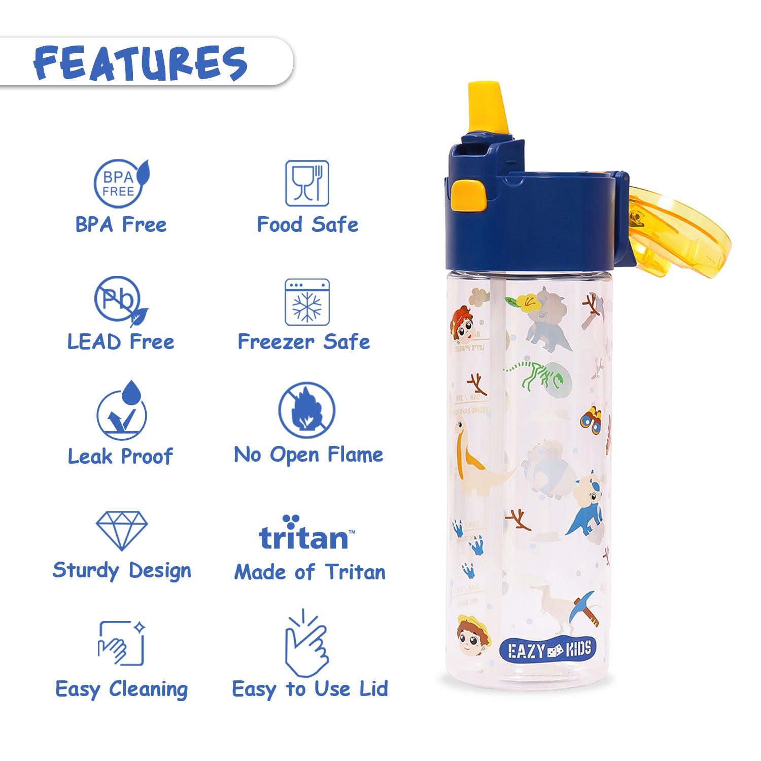 EAZY KIDS Lunch Box Set and Tritan Water Bottle w/Snack Box, T - Rex - Blue, 450ml