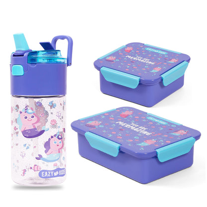 EAZY KIDS Lunch Box Set and Tritan Water Bottle w/Snack Box, Mermaid - Purple, 450ml