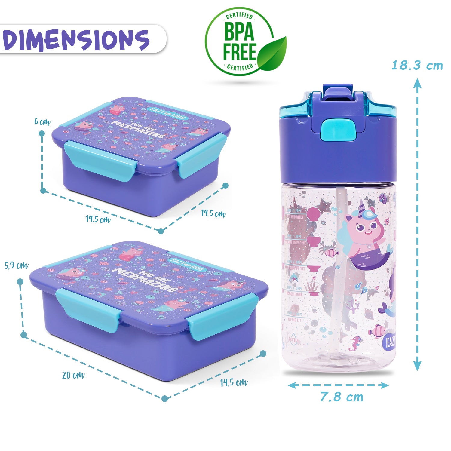 EAZY KIDS Lunch Box Set and Tritan Water Bottle w/Snack Box, Mermaid - Purple, 450ml