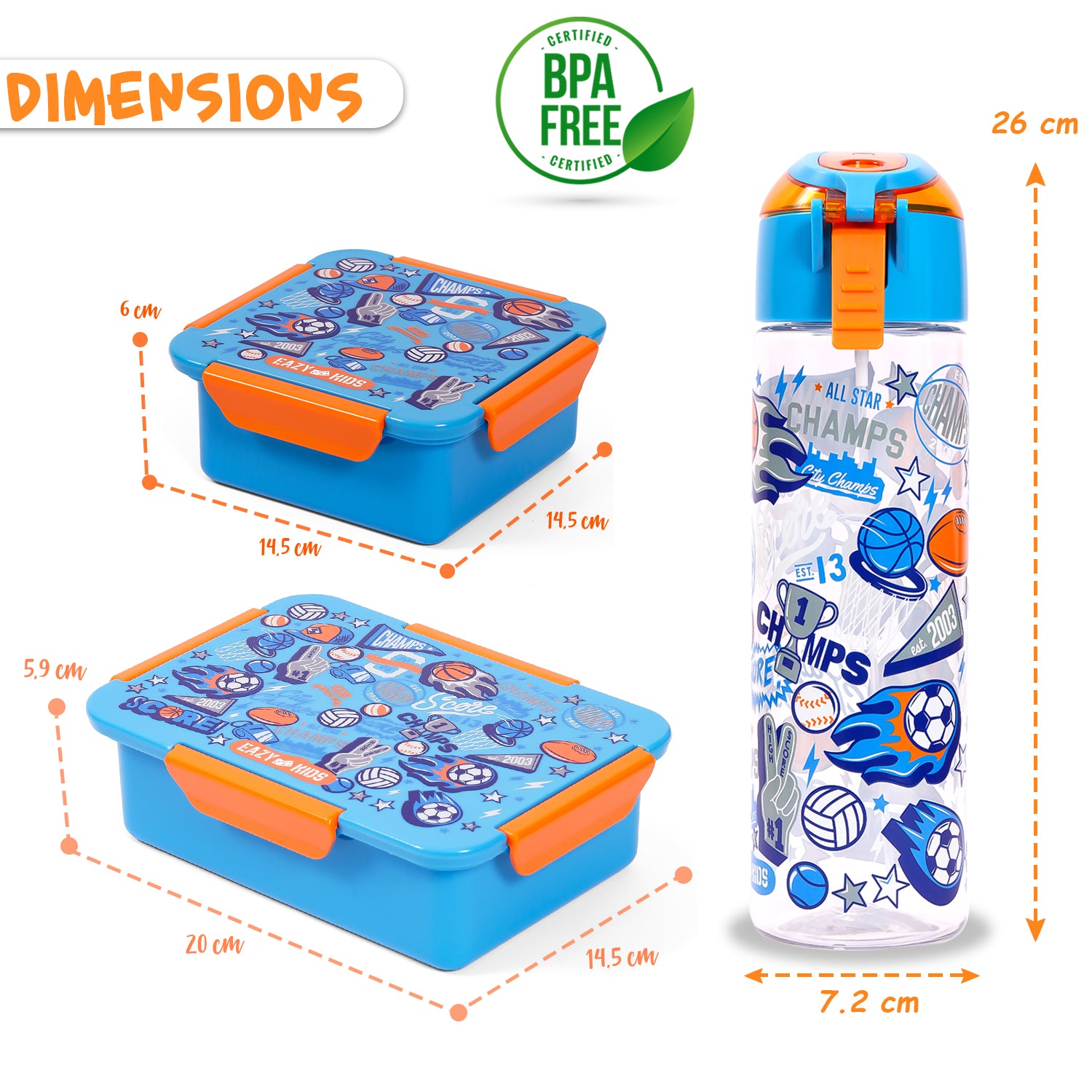 EAZY KIDS Lunch Box Set and Tritan Water Bottle w/Spray, Soccer - Blue, 750ml